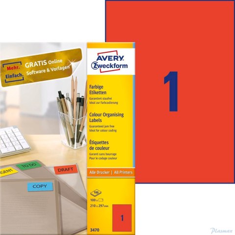 Etykiety czerwone 3470 210 x 297 100 ark. trwałe, Avery Zweckform