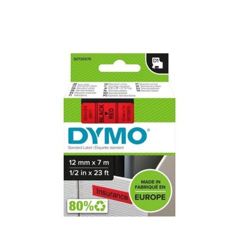 DYMO D1 - Standard Etykiety - Czarny na czerwonym - 12mm x 7m
