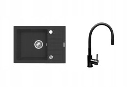Czarny zestaw zlew z baterią giętką - Zlewozmywak MAIDSINKS BALI (62x44) 1B1D czarny + Bateria Flessi Black Edition