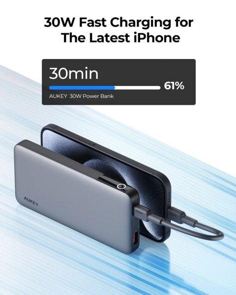 AUKEY POWERBANK 10 000 MAH, USB-C PD 30W, USB-A 22W, SZARY