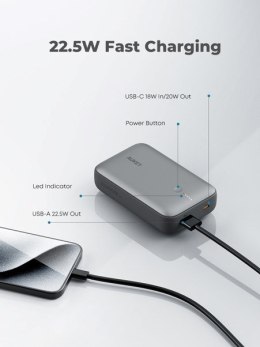 AUKEY POWERBANK 20 000 MAH, USB-C 22,5W, USB-A,MINI, SZARY