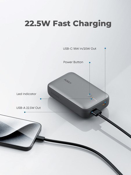 AUKEY POWERBANK 20 000 MAH, USB-C 22,5W, USB-A,MINI, SZARY