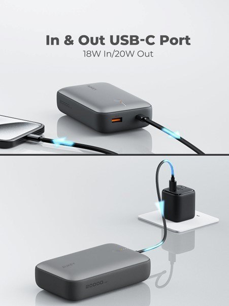 AUKEY POWERBANK 20 000 MAH, USB-C 22,5W, USB-A,MINI, SZARY