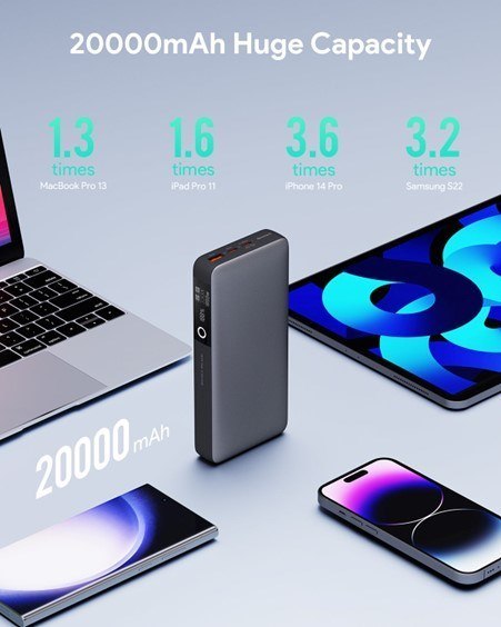 AUKEY POWERBANK 20000MAH, 2X USB-C PD 65W, USB-A 18W, SZARY