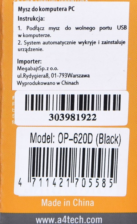 Mysz A4 TECH A4TMYS30398 (optyczna; 800 DPI; kolor czarny)