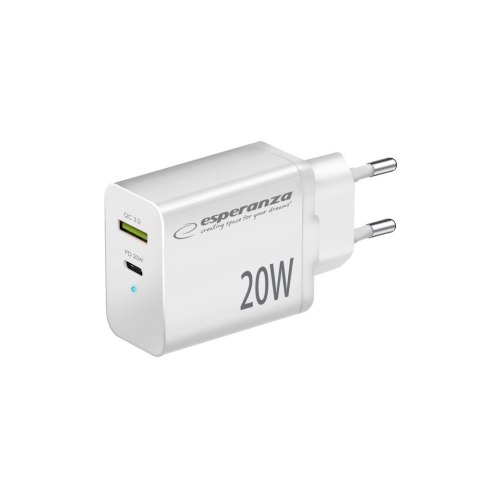 ESPERANZA ŁADOWARKA SIECIOWA 20W USB-C PD 20W / USB-A QC 3.0 18W BIAŁA EZC105W