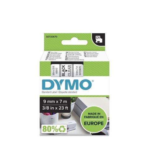 DYMO D1 - Standard Etykiety - Czarny na Transparent - 9mm x 7m