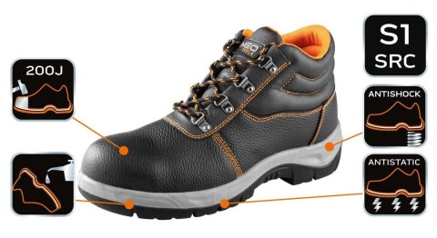 Trzewiki skórzane S1 SRC, stalowy podnosek, rozmiar 44