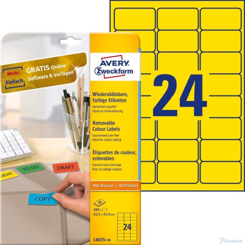 Etykiety żółte L6035-20 63,5 x 33,9 20 ark. usuwalne Avery Zweckform (X)