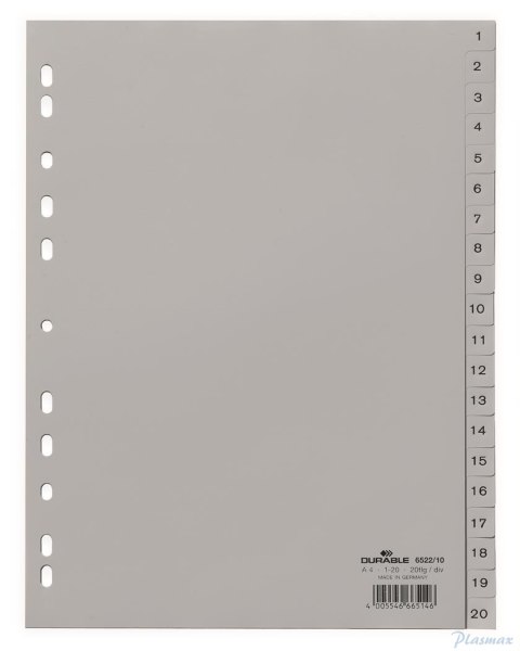 Przekładki PP A4 szare, nadr. indeks, 1-20, 2 0 części Szary 652210 DURABLE