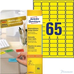Etykiety usuwalne kolorowe, A4, 20 ark./op., 38,1 x 21,2 mm, żółte, AVERY ZWECKFORM, L4793-20